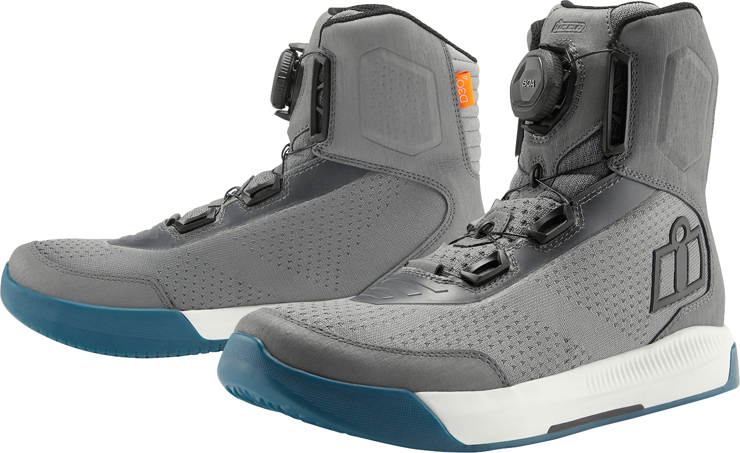 Gray ICON Overlord Vented Boots in US 10.5 / EU 44.5, showing the durable motorcycle footwear with vents and rugged sole.