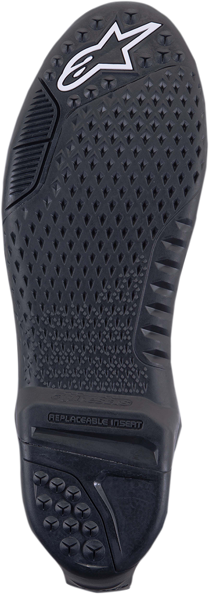 Alpinestars Tech 10 motorcycle boot sole in black and white, suitable for US sizes 11-12, showing tread pattern and brand logo.