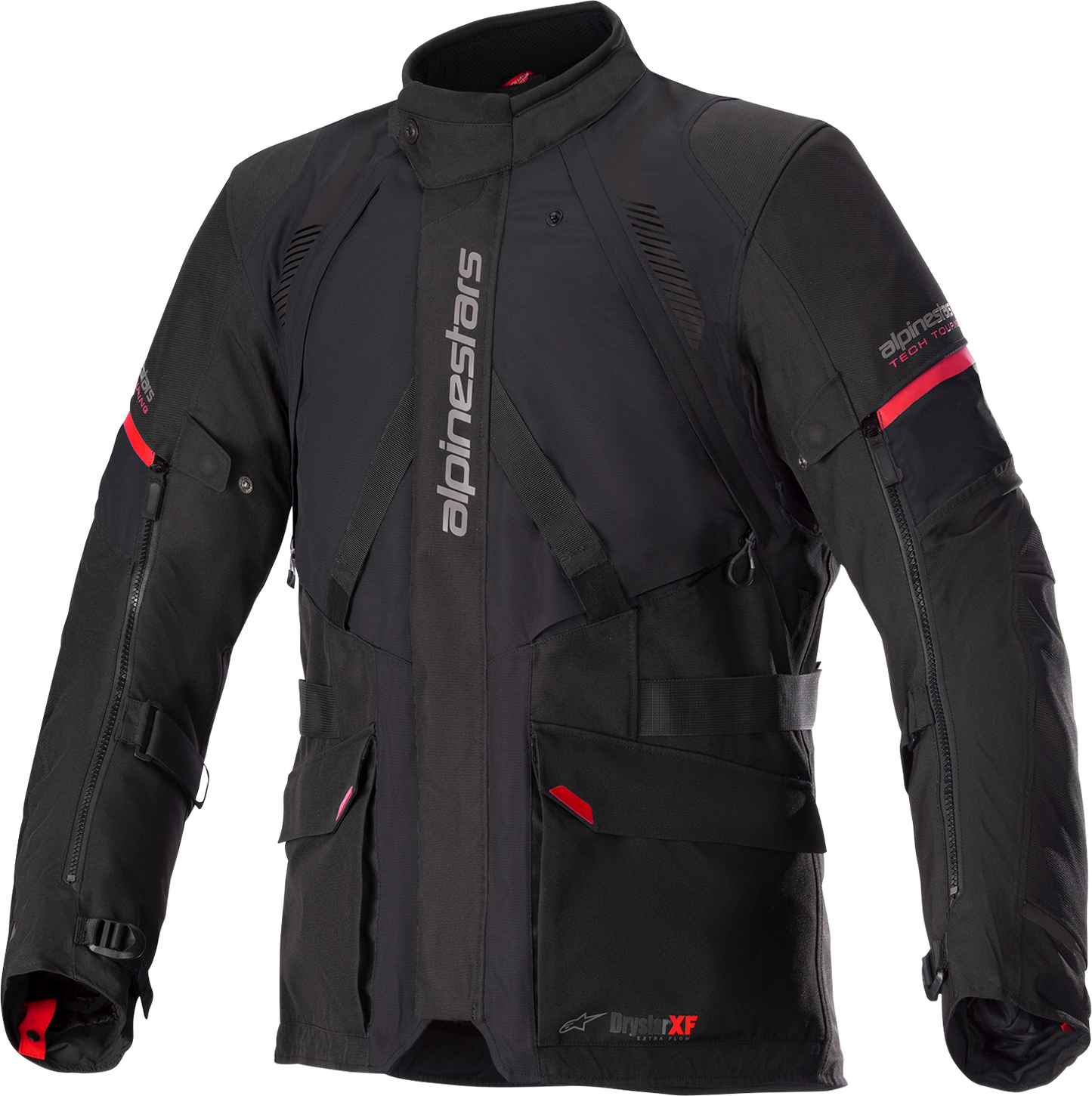 Alpinestars Monteira Drystar XF men's motorcycle jacket in black and red, size large, with protective features and logo details.