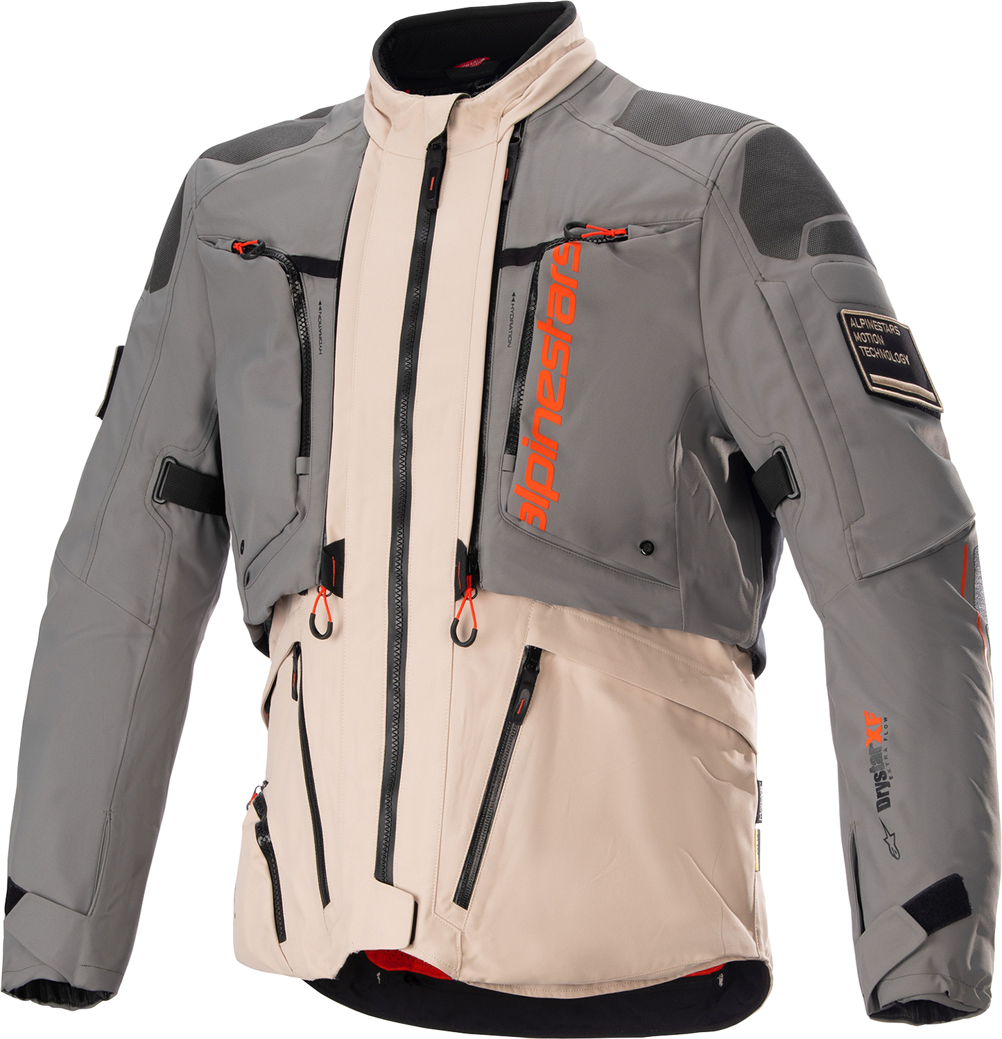 Alpinestars AMT-10R Drystar XF waterproof motorcycle jacket in 4XL with gray, brown, and orange accents, featuring protective design.
