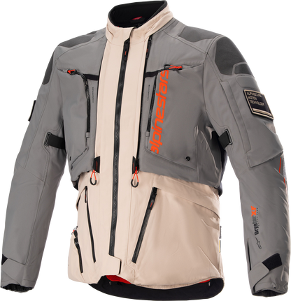 Alpinestars AMT-10R Drystar XF waterproof motorcycle jacket in 4XL with gray, brown, and orange accents, featuring protective design.