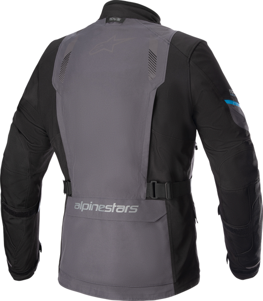Alpinestars Monteira Drystar XF motorcycle jacket in gray, black, and blue with durable 2L hard shell and detachable thermal liner.