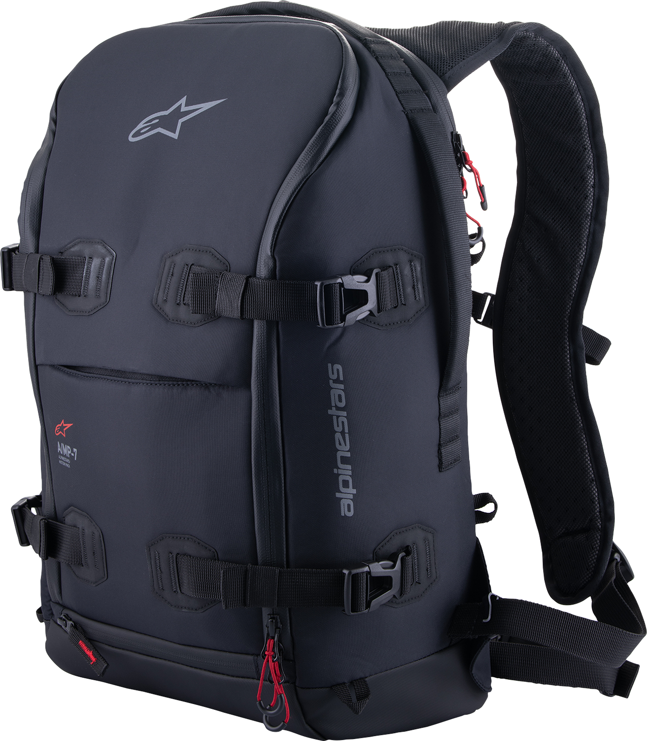 Alpinestars AMP-7 backpack in black with multiple compartments, adjustable straps, and branding visible on the front.