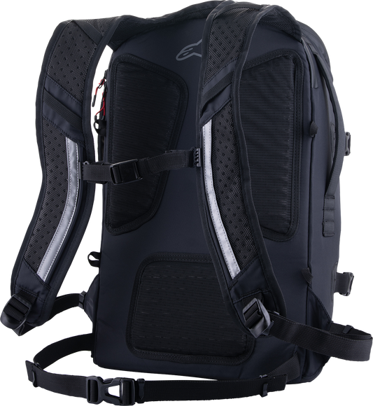 Alpinestars AMP-7 Backpack in black with multiple compartments and adjustable straps, designed for durability and style.