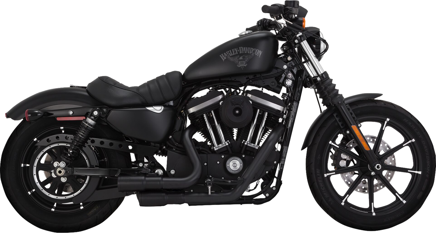 VANCE & HINES Mini Grenades 2-Into-2 exhaust system with black finish installed on motorcycle engine.