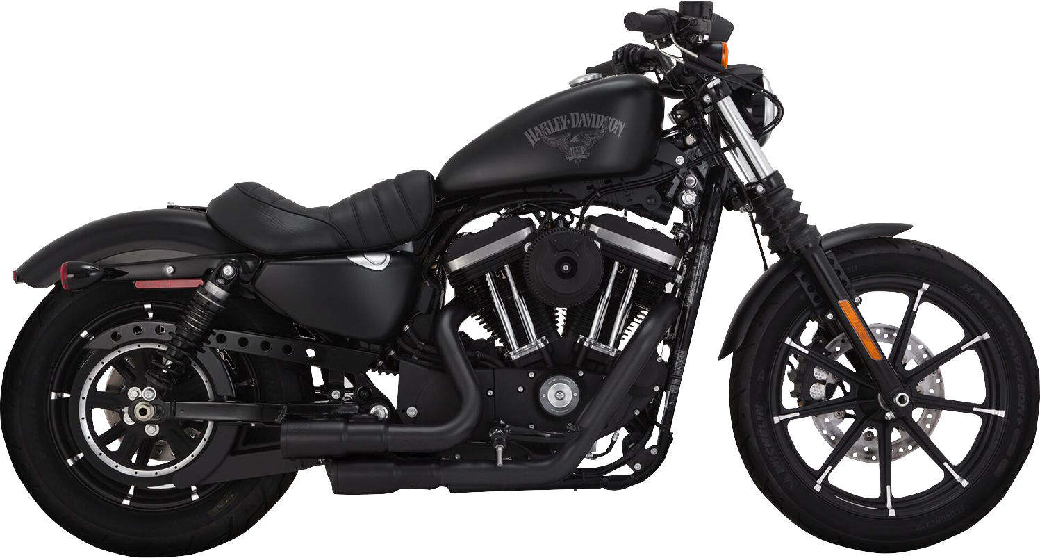 VANCE & HINES Mini Grenades 2-Into-2 exhaust system with black finish installed on motorcycle engine.