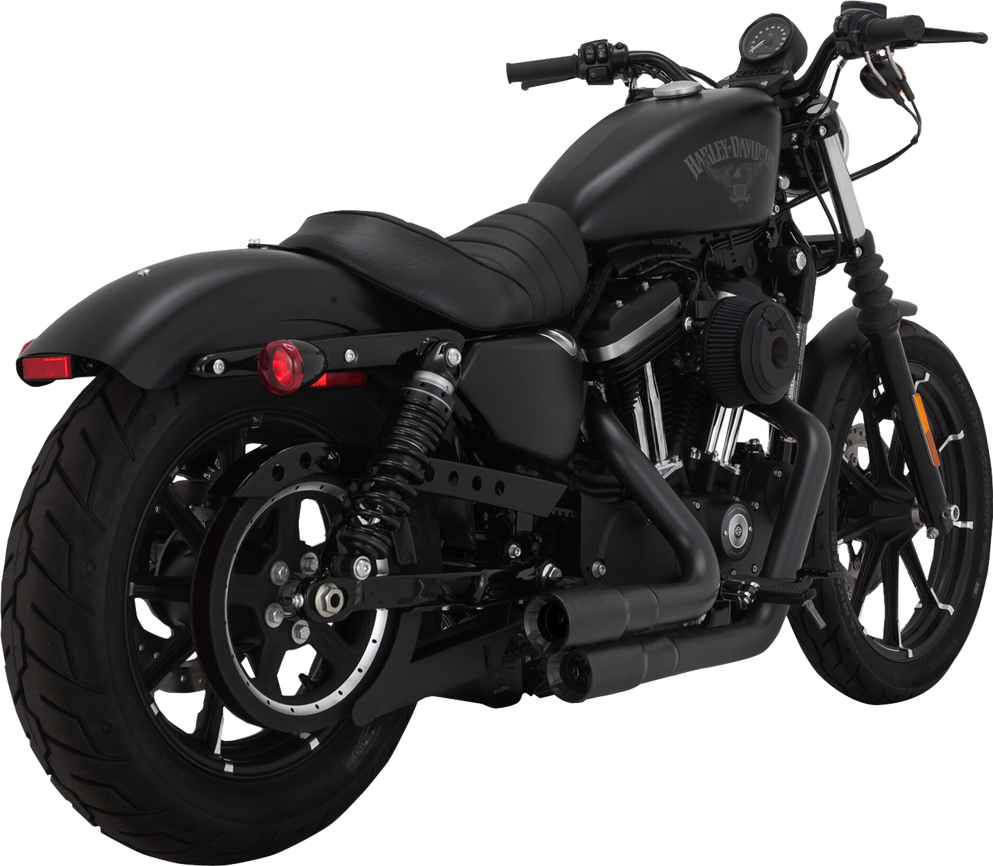 VANCE & HINES Mini Grenades 2-Into-2 exhaust system with black finish for motorcycle, featuring dual chrome exhaust tips.