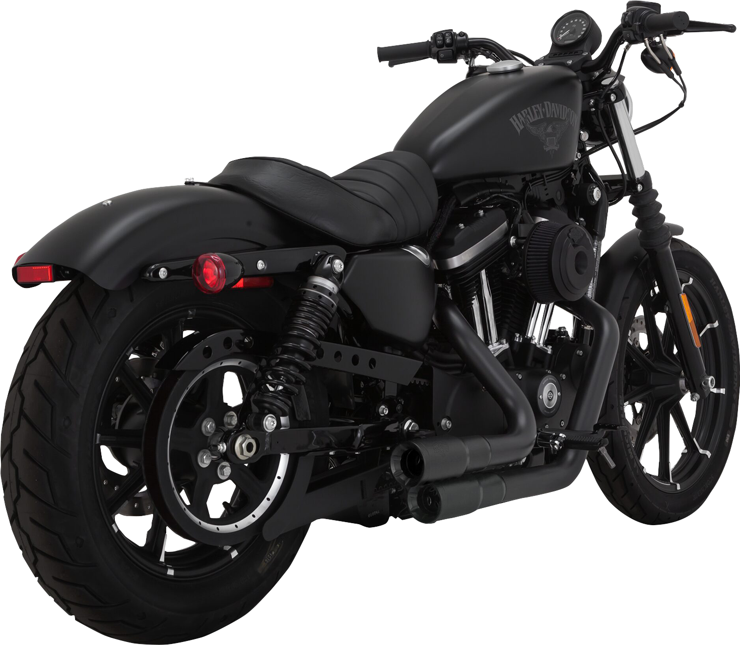 VANCE & HINES Mini Grenades 2-Into-2 exhaust system with black finish for motorcycle, featuring dual chrome exhaust tips.