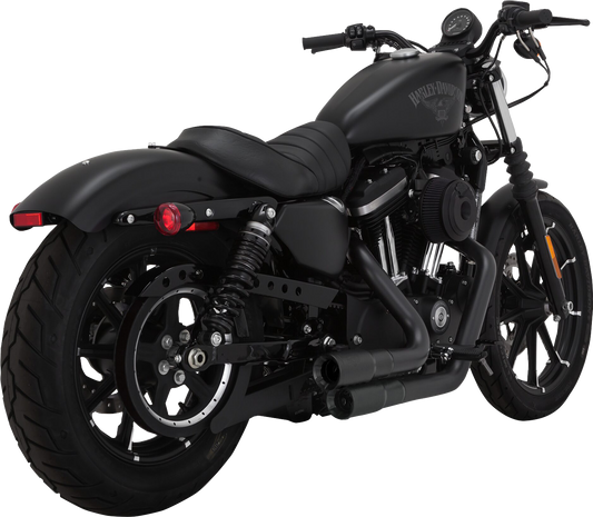 VANCE & HINES Mini Grenades 2-Into-2 exhaust system with black finish for motorcycle, featuring dual chrome exhaust tips.