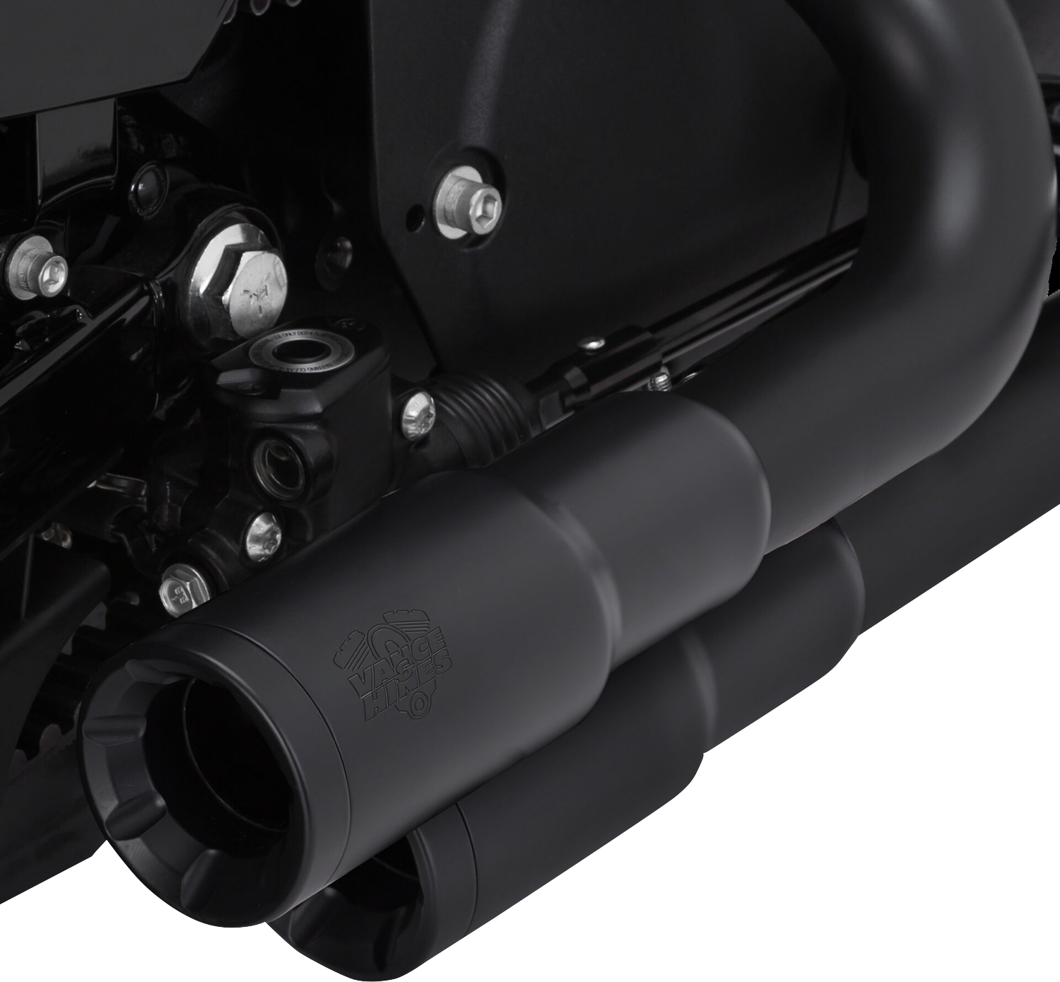 VANCE & HINES Mini Grenades 2-Into-2 exhaust system with black finish, showing dual chrome tips and sleek motorcycle exhaust design.