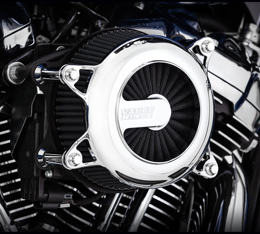 Chrome Vance & Hines VO2 Rogue air intake kit for motorcycles, showing the sleek chrome finish and detailed design parts.