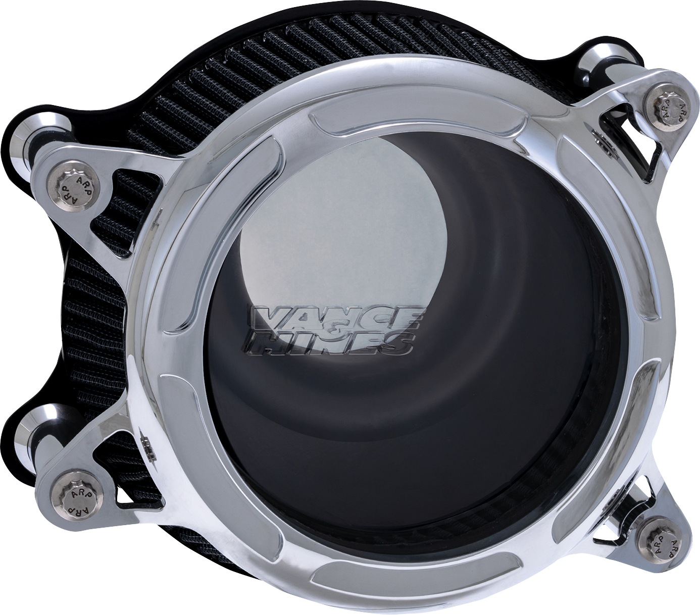 Chrome Vance & Hines VO2 Insight Air Intake Kit installed on motorcycle engine, showcasing sleek chrome finish and air intake components.