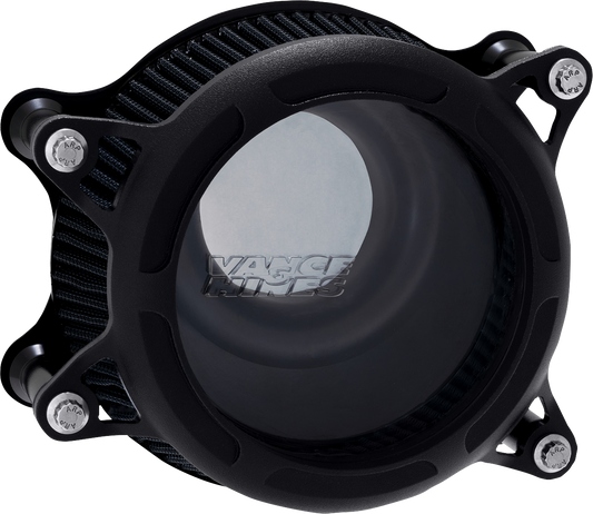 Vance & Hines VO2 Insight Air Intake Kit in black wrinkle finish for motorcycle engines, showcasing the sleek, streamlined design.