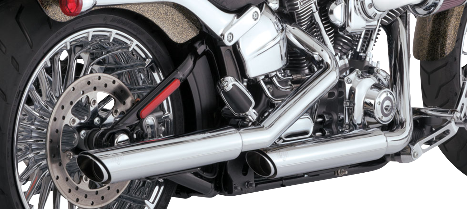 Chrome Vance & Hines 3-inch Twin Slash Slip-On Muffler for motorcycle, featuring dual slash-cut exhaust tips.