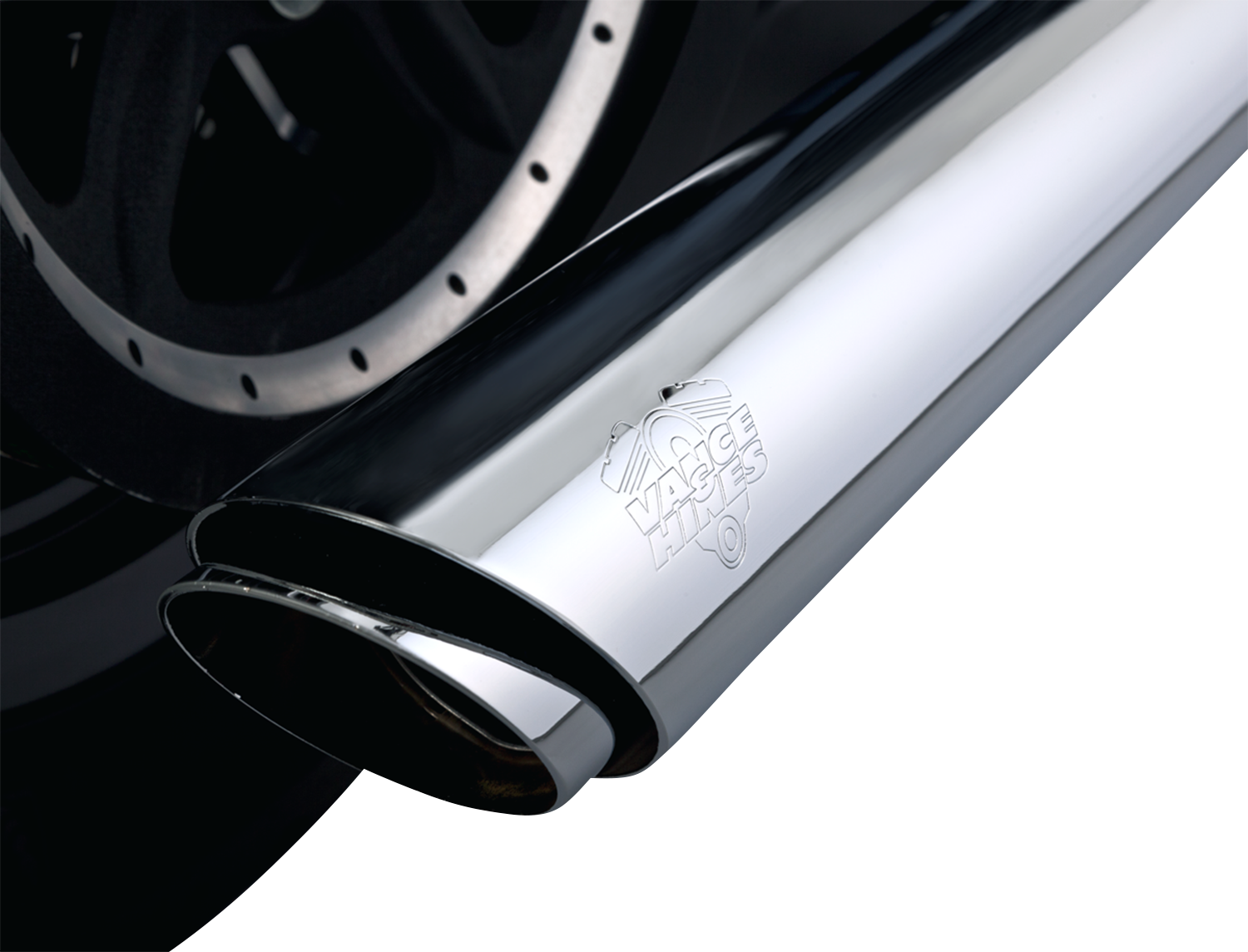 Chrome Vance & Hines 3-inch Twin Slash Slip-On muffler for motorcycle, featuring a sleek, polished exhaust design.