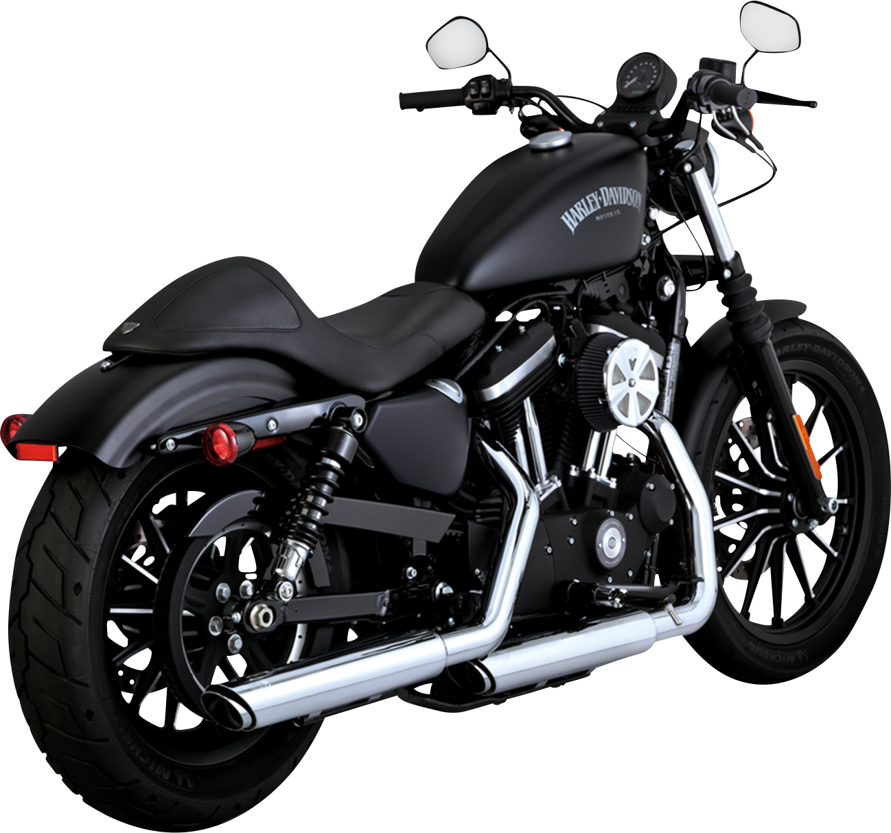 Chrome Vance & Hines 3-inch Twin Slash Slip-On muffler for motorcycle exhaust system, featuring a sleek, polished chrome finish.