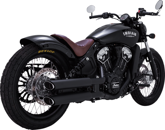 Vance & Hines 3-inch Twin Slash Slip-On Mufflers in black with PCX technology for Harley Davidson motorcycles.