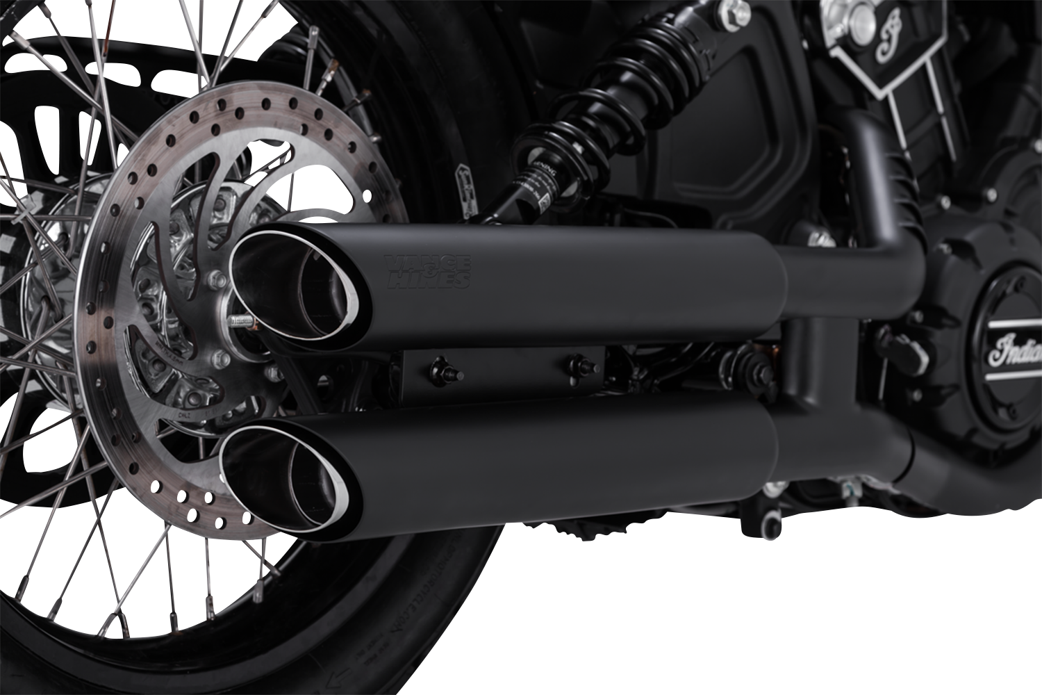 Black Vance & Hines 3-inch Twin Slash Slip-On Mufflers with PCX Technology for Harley-Davidson motorcycles.