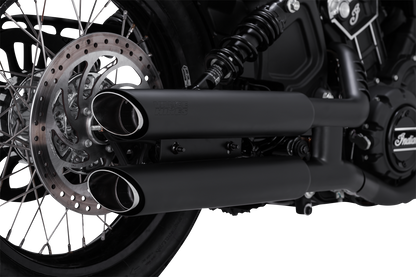 Black Vance & Hines 3-inch Twin Slash Slip-On Mufflers with PCX Technology for Harley-Davidson motorcycles.
