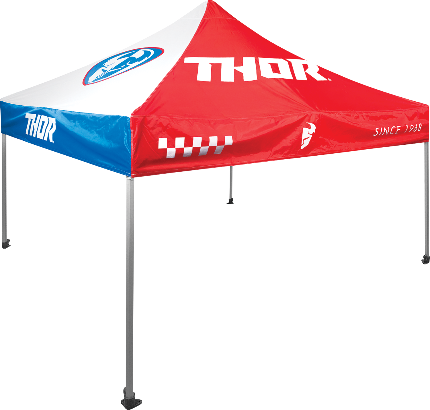 THOR collapsible 10x10-foot canopy in red, white, and blue with sturdy frame, ideal for outdoor events and shade.