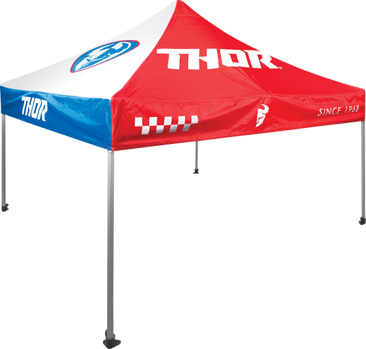 THOR collapsible 10x10-foot canopy in red, white, and blue with sturdy frame, ideal for outdoor events and shade.