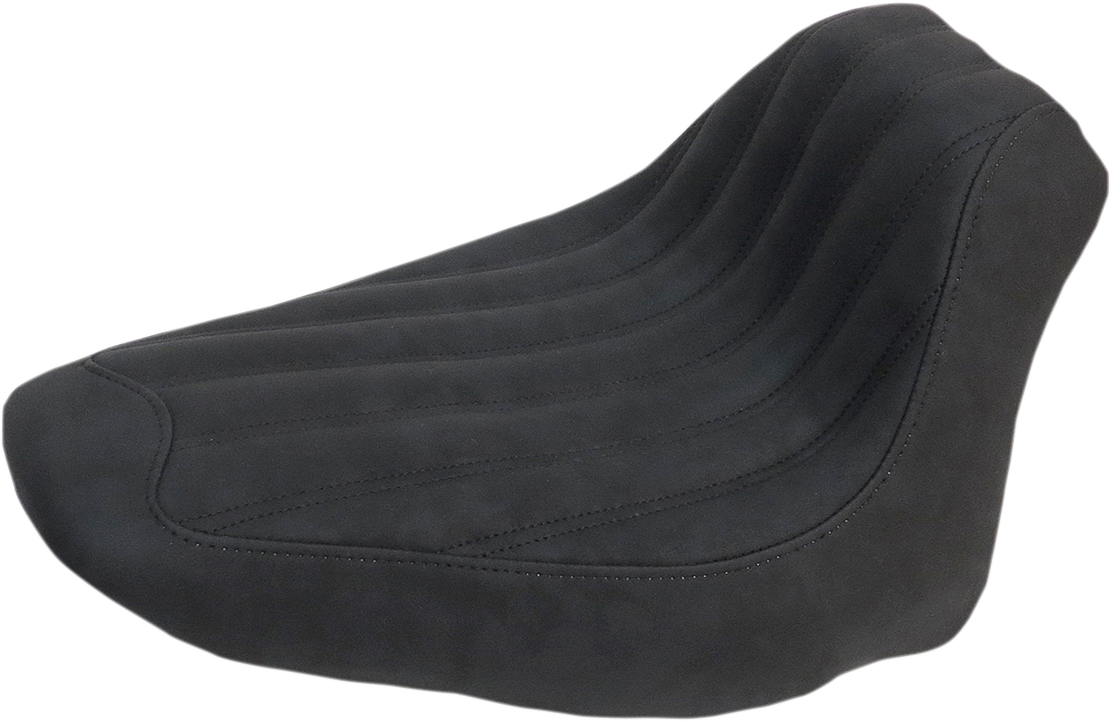 Black SADDLEMEN Knuckle Solo Seat with ribbed design for Harley FLSTC motorcycle, designed for comfort and style.