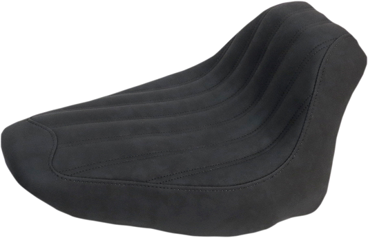 Black SADDLEMEN Knuckle Solo Seat with ribbed design for Harley FLSTC motorcycle, designed for comfort and style.