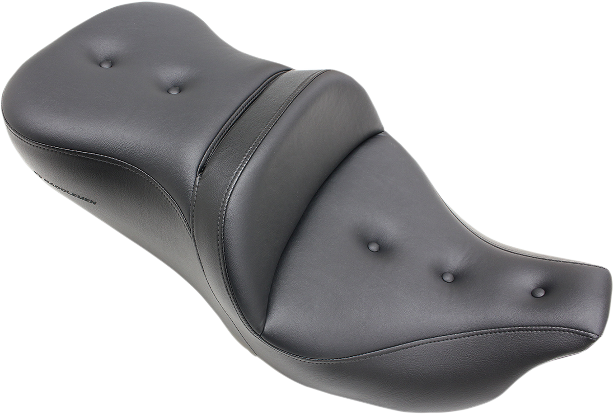 Black Saddlemens Pillow-Top Roadsofa seat with backrest, designed for FLH/FLT models 2008-2023, by Bill's Exhausts.