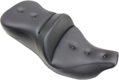 Black Saddlemens Pillow-Top Roadsofa seat with backrest, designed for FLH/FLT models 2008-2023, by Bill's Exhausts.