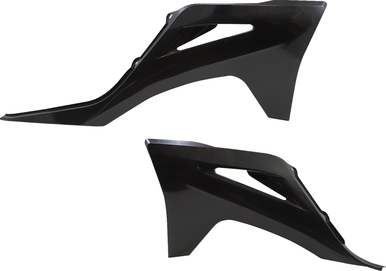 Acerbis radiator shrouds in black and metallic finish for motorcycle body protection, featuring sleek design and branding details.