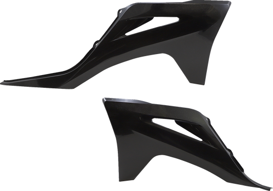 Acerbis radiator shrouds in black and metallic finish for motorcycle body protection, featuring sleek design and branding details.