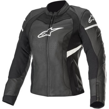 Alpinestars Stella Kira leather motorcycle jacket in black and white, front view with structured design and brand logo details.