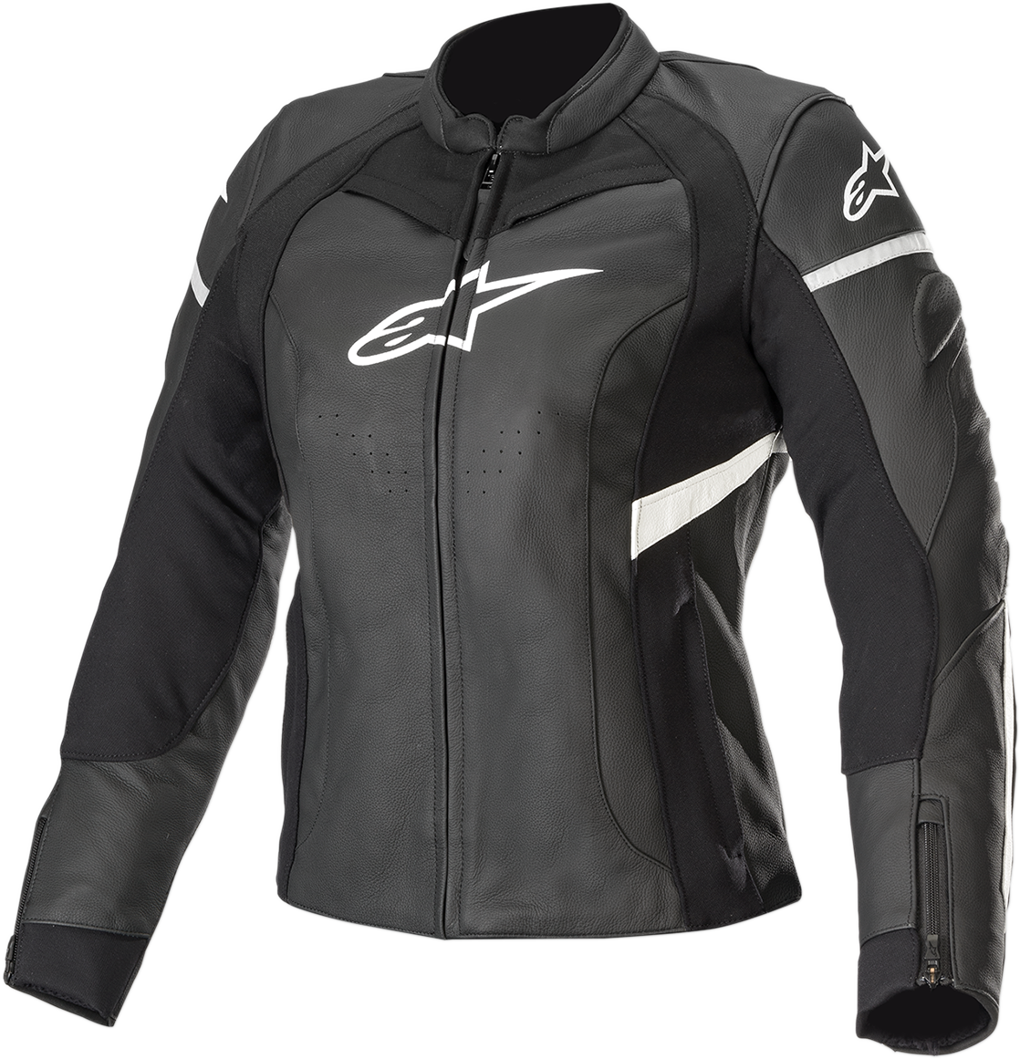 Alpinestars Stella Women's Kira leather jacket in black and white, US size 8, showing front view with zipper details.