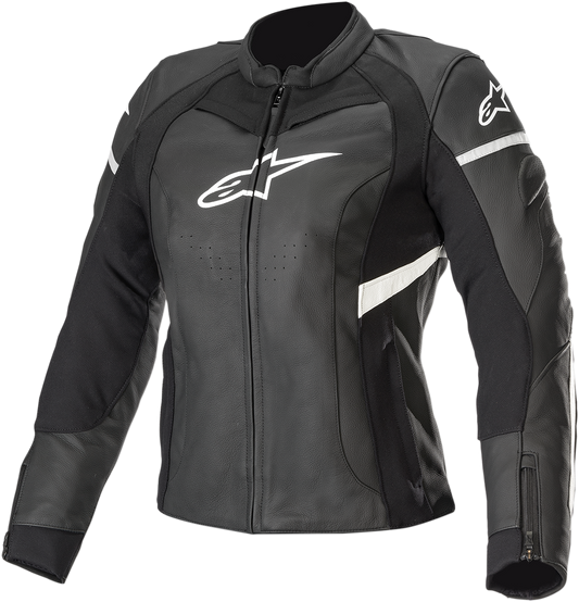 Alpinestars Stella Women's Kira leather jacket in black and white, US size 8, showing front view with zipper details.
