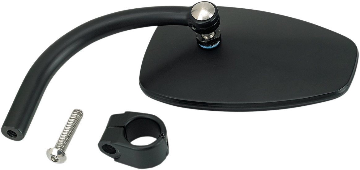 BILTWELL tear drop black clamp-on utility mirror mounted on motorcycle handlebar for clear rear visibility.