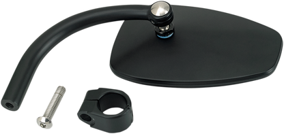 BILTWELL tear drop black clamp-on utility mirror mounted on motorcycle handlebar for clear rear visibility.