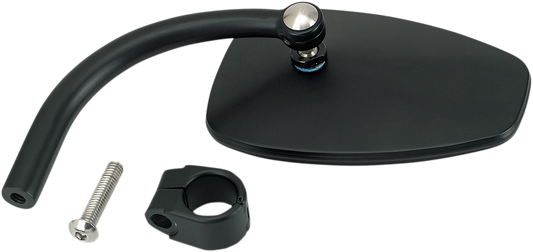 BILTWELL tear drop black clamp-on utility mirror mounted on motorcycle handlebar for clear rear visibility.