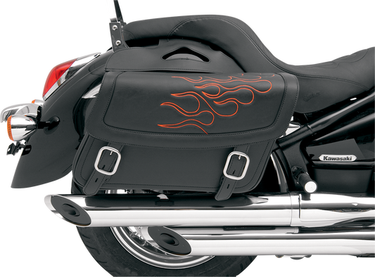Large orange Saddlemens Flame Saddlebag seat for motorcycle, featuring bold flame design and durable construction.