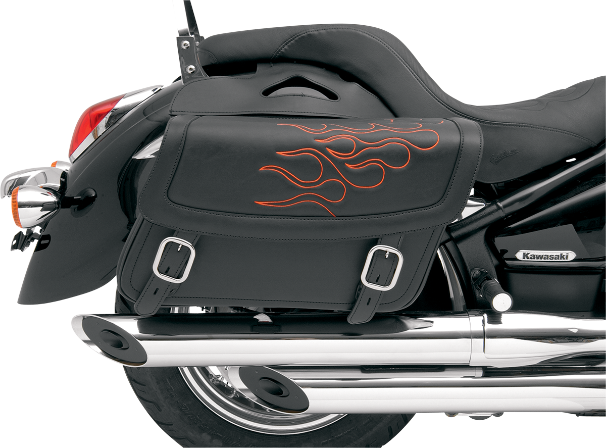 Orange SADDLEMEN Flame Saddlebag for seats, medium size, featuring bold flame design and durable construction.