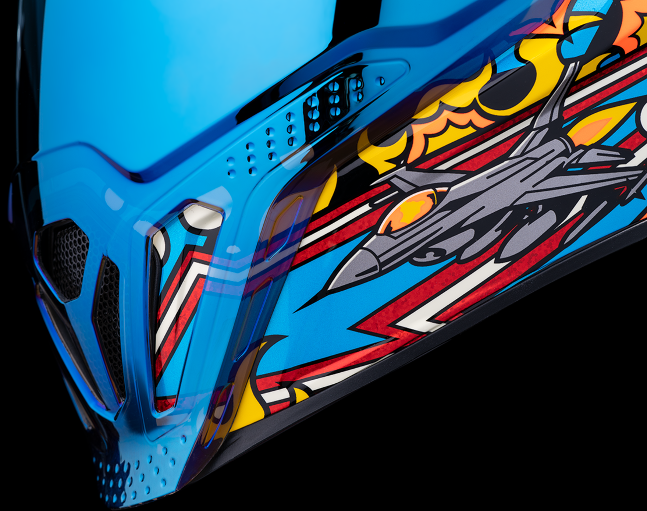 Blue ICON Airflite™ Flyboy helmet in XS size with aerodynamic design and bold graphics, shown from the front angle.