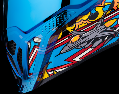 Blue ICON Airflite™ Flyboy helmet in 2XL size with aerodynamic design, featuring a clear visor and bold graphics.