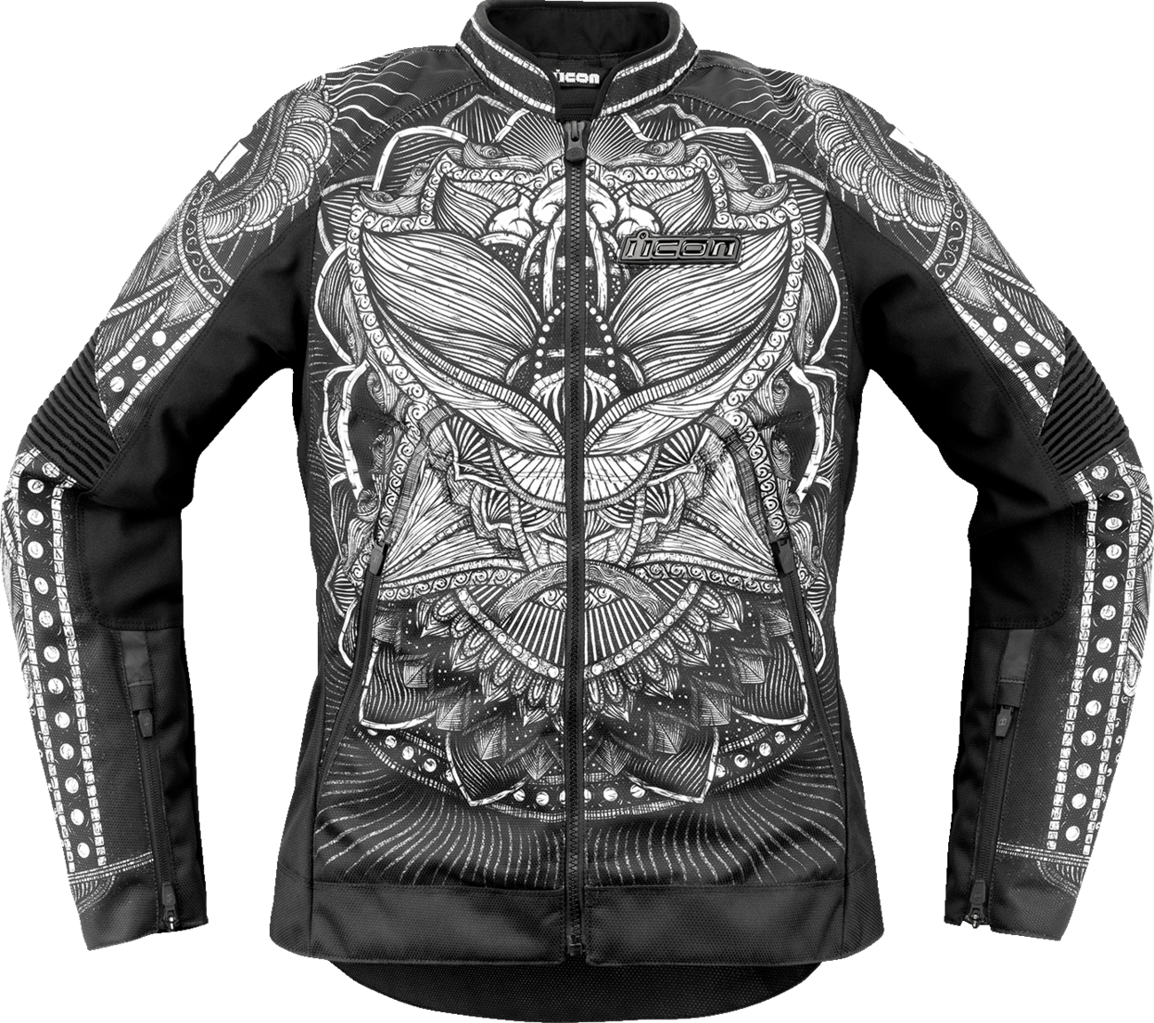 Black ICON Women's Overlord3 Noble jacket by Bill's Exhausts, displayed on a hanger with visible zipper and stylish design.