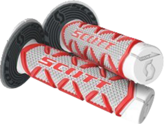 Scott Diamond grips in red and white for motorcycle handlebars, featuring textured rubber for secure handling.