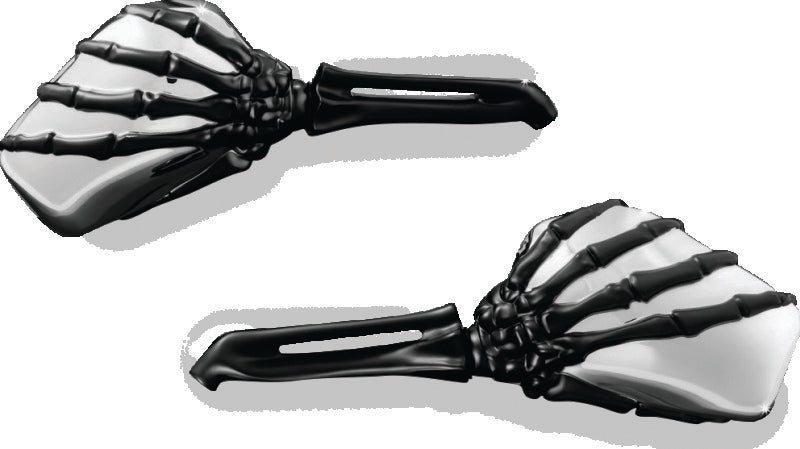 Kuryakyn Skeleton Hand motorcycle mirrors in black and chrome with detailed skeleton hand design, part 1764.
