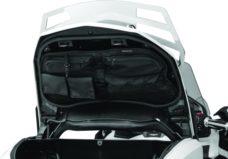 Kuryakyn trunk lid organizer installed on 2018-2023 Honda Gold Wing Tour motorcycle, with compartments for storage.