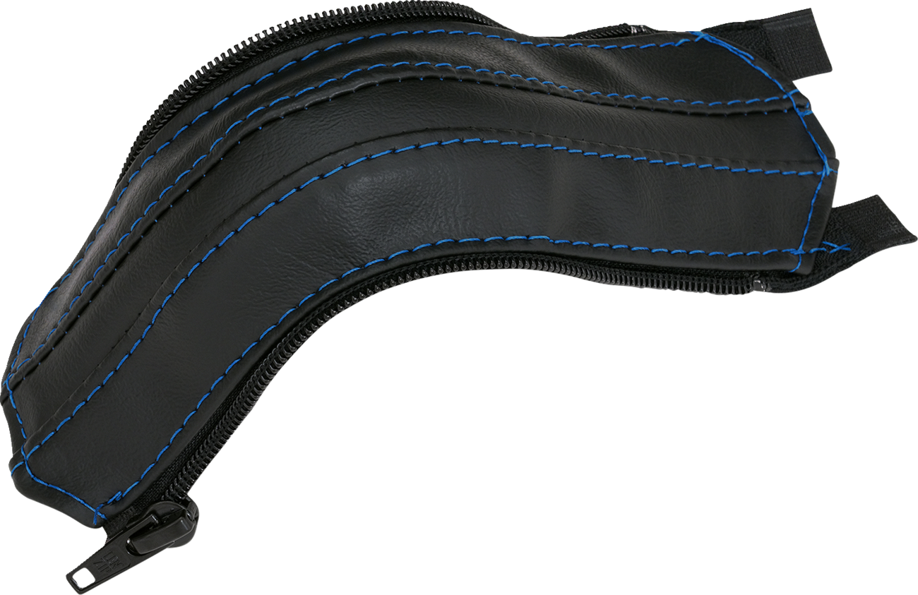 Bill's Exhausts SHOW CHROME blue stitch engine grab handle cover with sleek design and textured surface for improved grip.