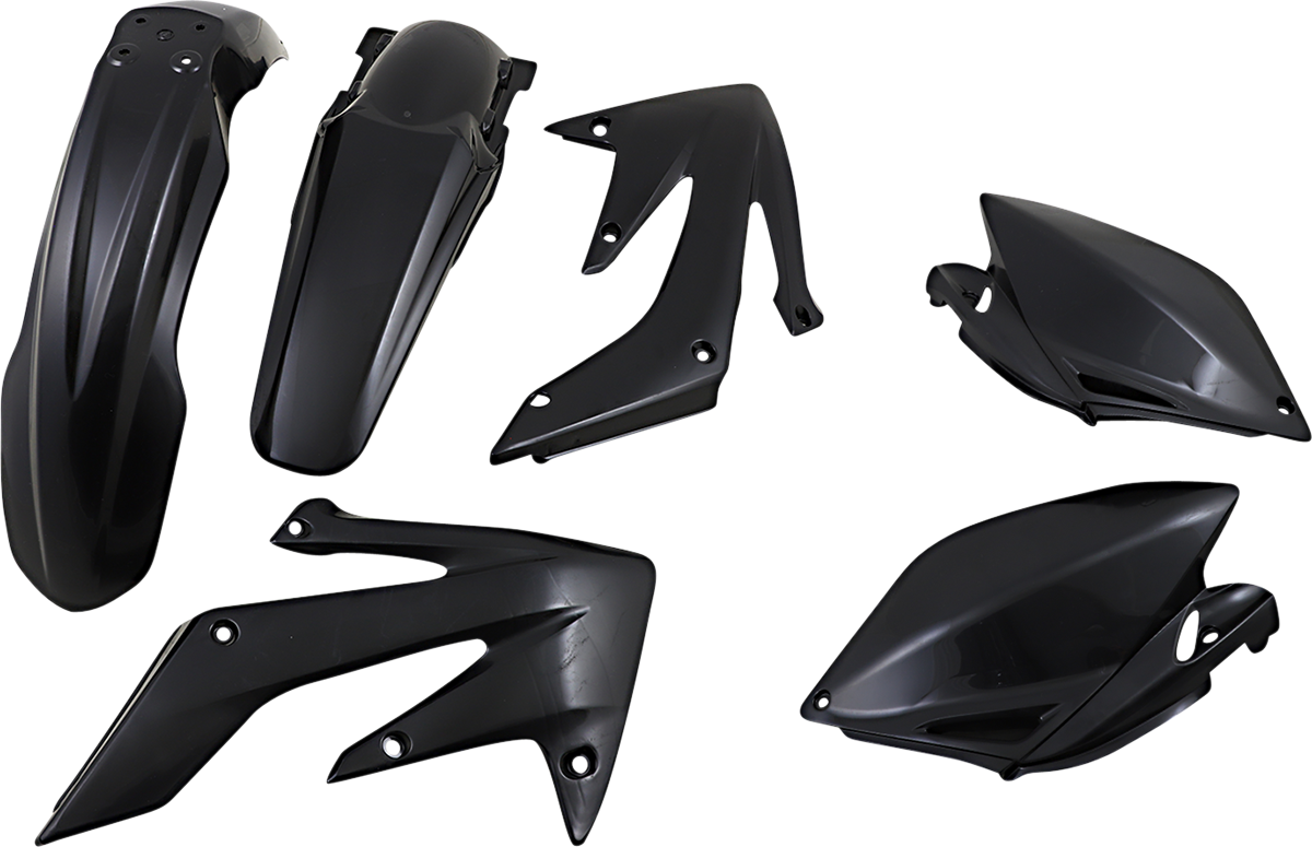A black Acerbis standard replacement body kit for motorcycles, showing front and side view with smooth, durable plastic panels.