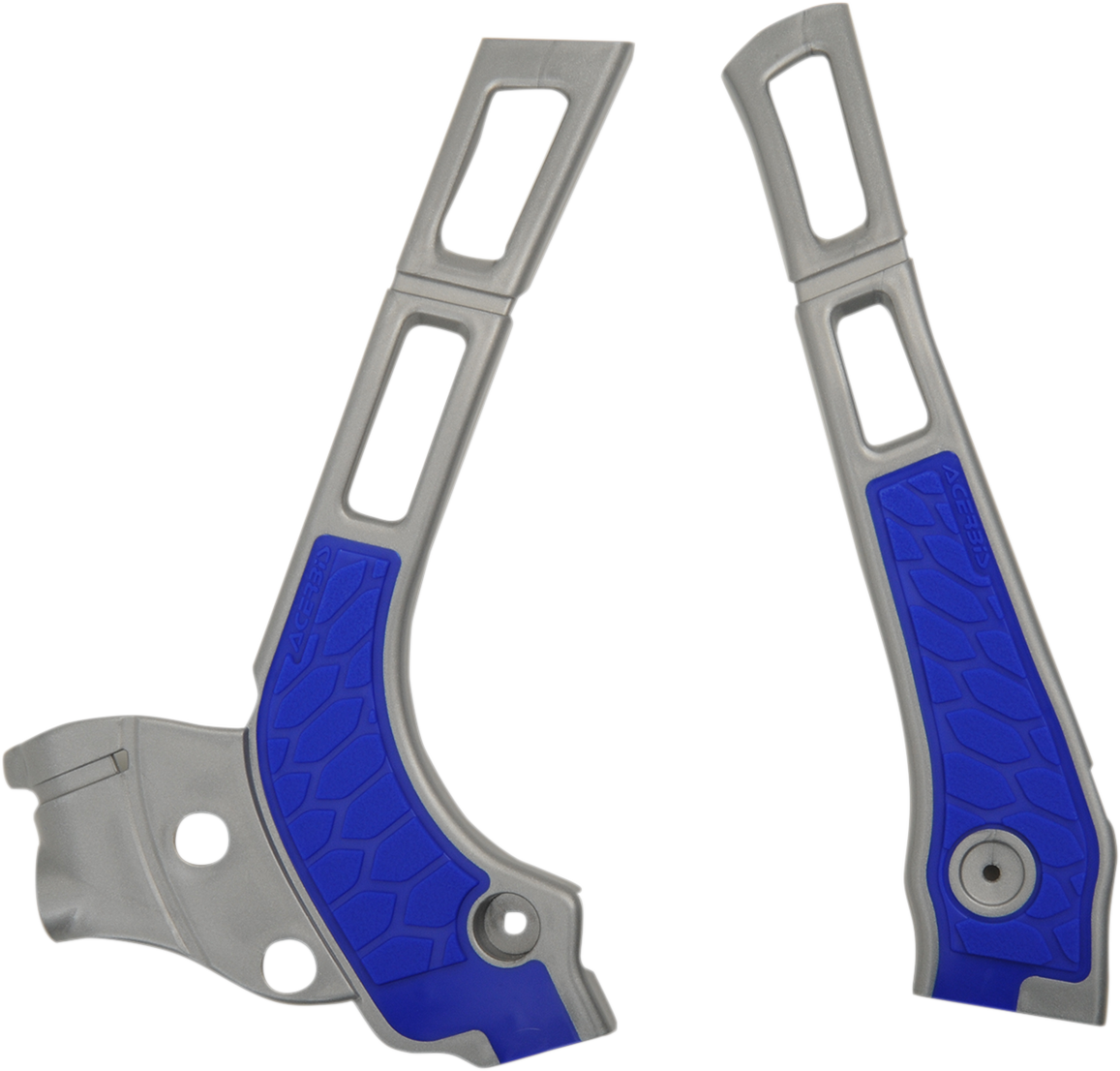 Acerbis X-Grip frame guards in silver and blue attached to a motorcycle frame, providing protection for the bike's body.