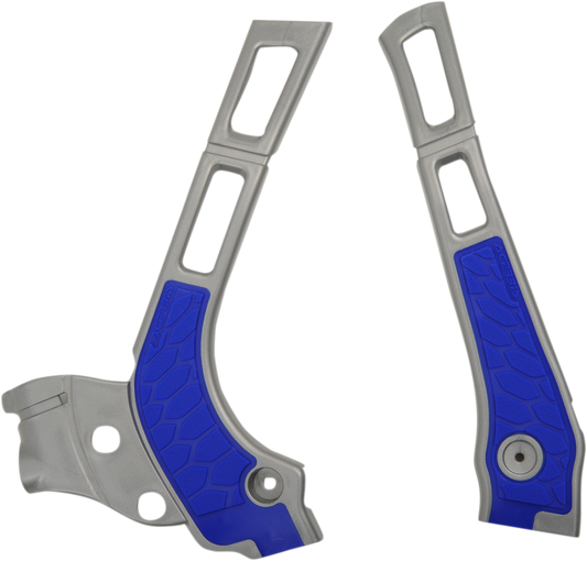 Acerbis X-Grip frame guards in silver and blue attached to a motorcycle frame, providing protection for the bike's body.