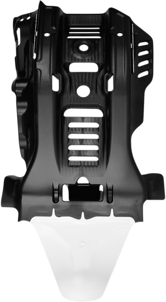 ACERBIS large black and white skid plate for Gas Gas and Husqvarna off-road motorcycles, mounted on the bike's body.